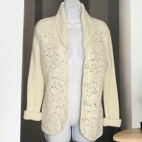 Coldwater Creek Ivory Crochet Wool Cardigan Sweater Sz Small Cottage Y2K Japan - Picture 3 of 11
